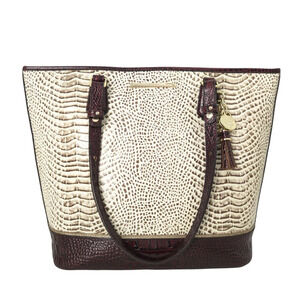 Brahmin Ivory & Brown Snakeskin Creme Rhodes Medium Asher Tote Shoulder Handbag